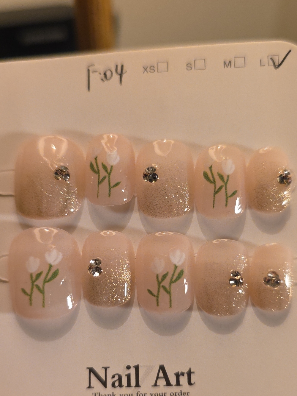 Press-On Nail Set - Nude Floral Design with Rhinestones Size Large